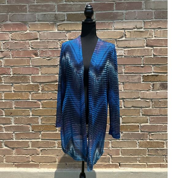 Chico's Travelers Open Knit Cardigan, Size 2/ Large/12, blue and black - Picture 1 of 4